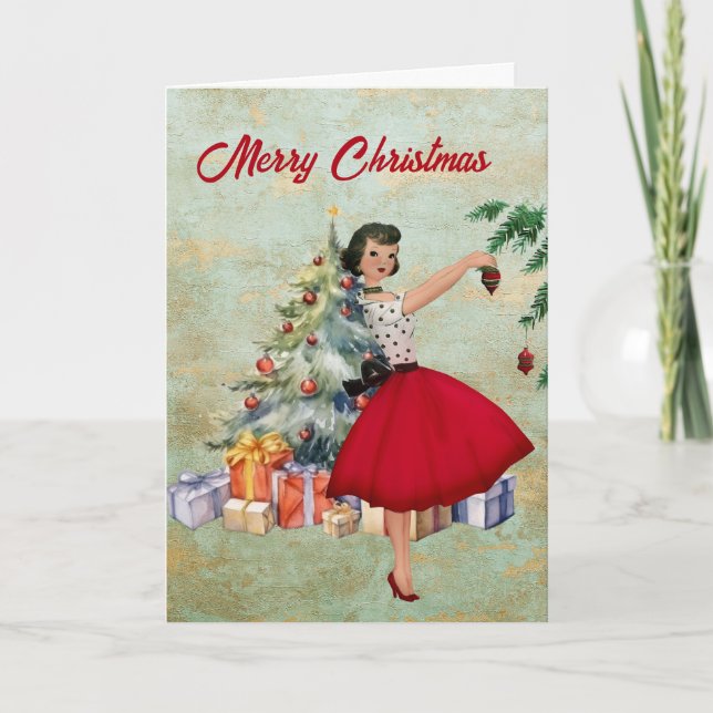 Cartão Mulher do Natal de 1950 com árvore de Natal (Frente)