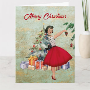 Cartão Mulher do Natal de 1950 com árvore de Natal