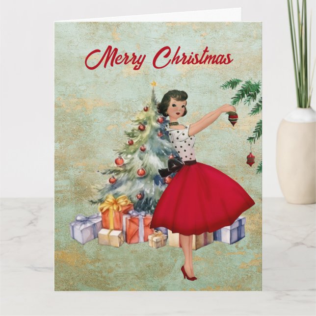 Cartão Mulher do Natal de 1950 com árvore de Natal (Frente)
