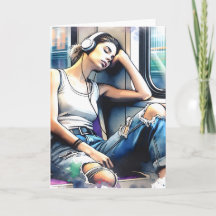 Mulher dormindo no metrô ouvindo música