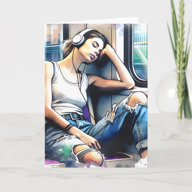 Cartão Mulher dormindo no metrô ouvindo música (Frente)