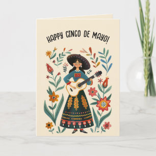 Cartão Mulher Editável com Guitarra Feliz Cinco de Maio