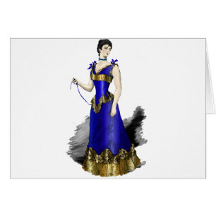 Cartão Mulher elegante do Victorian no vestido azul do