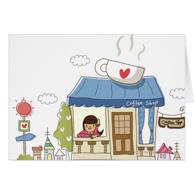 Cartão Mulher em uma cafetaria (Frente Horizontal)