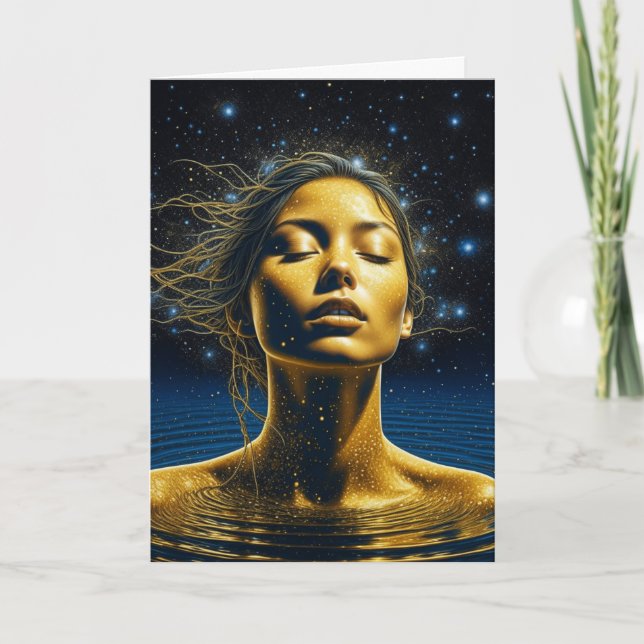 Cartão Mulher Etérea Meditando Sob as Estrelas (Frente)