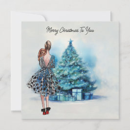 Cartão Mulher feliz natal e árvore de Natal azul