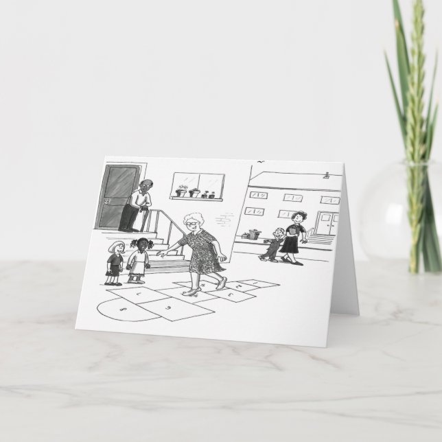 Cartão Mulher idosa foge do uísque com crianças (Frente)