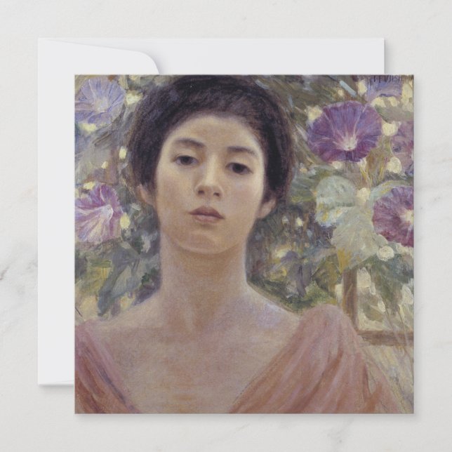 Cartão Mulher Japonesa com Flores de Glória da Manhã Roxa (Frente)