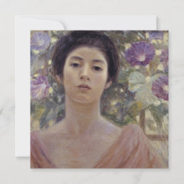 Cartão Mulher Japonesa com Flores de Glória da Manhã Roxa