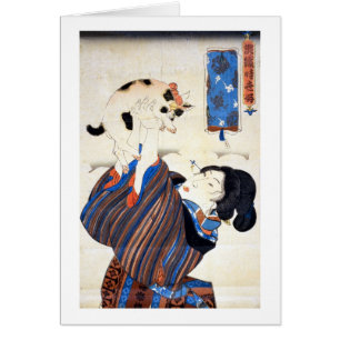 Cartão Mulher japonesa com gato, Utagawa Kuniyoshi