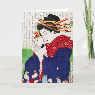 Cartão Mulher Japonesa Segurando um Gato, Tsukioka Yoshit