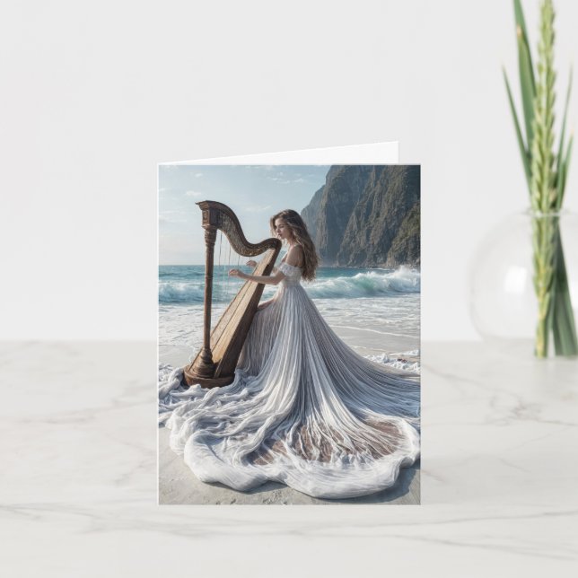 Cartão Mulher jogando Harp Note Card (Frente)