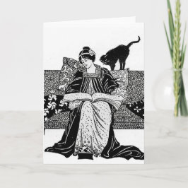 Cartão Mulher lendo com um gato preto