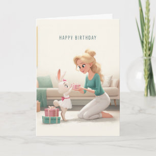 Cartão Mulher Loira Dando Presente de Aniversário para um