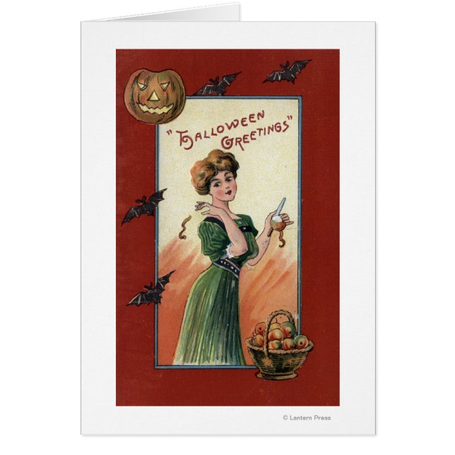 Cartão Mulher na Maçã Verde Vestida (Frente)