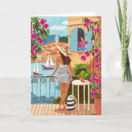 Cartão Mulher na Varanda à Beira-Mar Ilustração Arte Cart