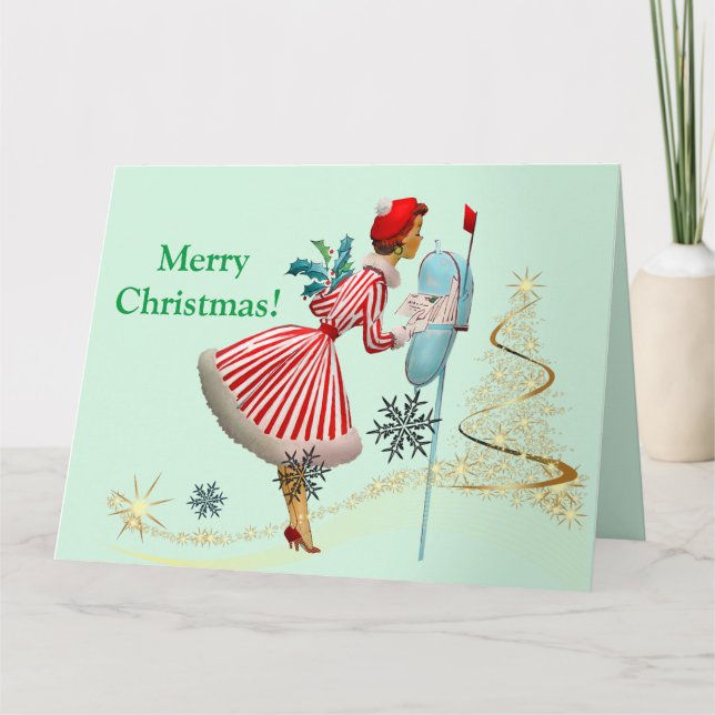 Cartão Mulher Natal vintage de 1950 com presentes (Frente)