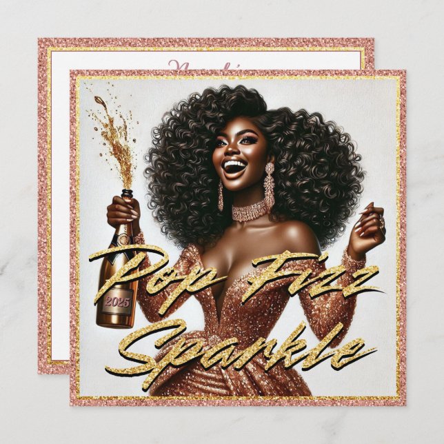 Cartão Mulher Negra Elegante Champanhe Dourado Rosa Ano N (Frente/Verso)