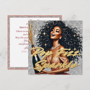 Cartão Mulher Negra Elegante Champanhe Dourado Rosa Ano N