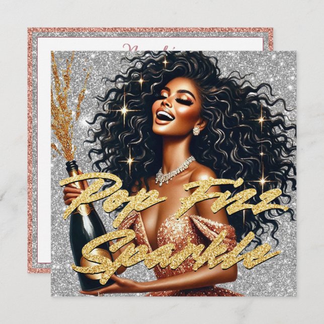 Cartão Mulher Negra Elegante Champanhe Dourado Rosa Ano N (Frente/Verso)