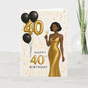 Cartão Mulher Negra Elegante Ouro 40º Aniversário