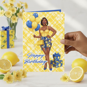Cartão Mulher Negra Feliz Limão Azul e Amarelo Aniversári