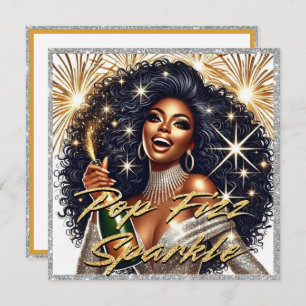 Cartão Mulher Negra Glamorosa Povoando Champanhe no Ano N