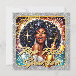Cartão Mulher Negra Glamourosa Estourando Champanhe Ano N