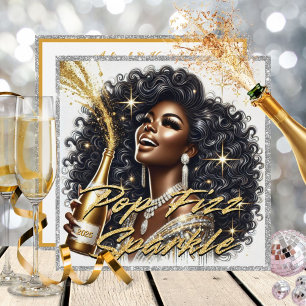 Cartão Mulher Negra Glamourosa Estourando Champanhe Ano N