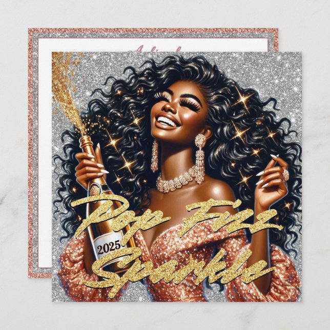 Cartão Mulher Negra Glamurosa Estourando Champanhe Ano No (Frente/Verso)