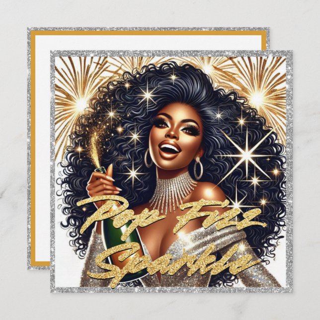 Cartão Mulher Negra Glamurosa Estourando Champanhe Ano No (Frente/Verso)