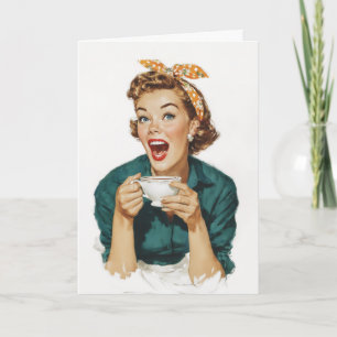 Cartão Mulher Retro Alegre Disfrutando Café