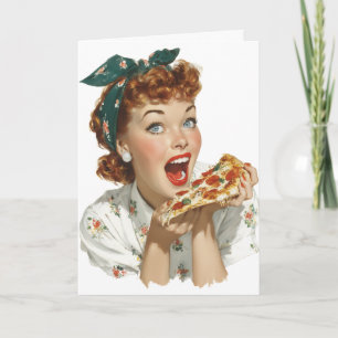 Cartão Mulher Retro Disfrutando de uma Fatia de Pizza