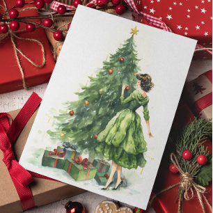 Cartão Mulher Retro dos Anos 50 Árvore de Natal