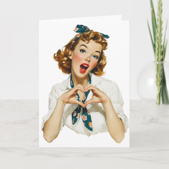 Cartão Mulher Retro Fazendo um Coração com as Mãos (Frente)
