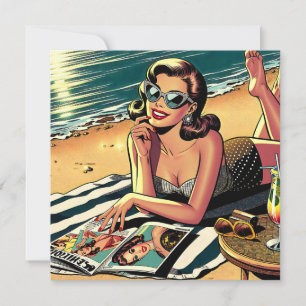 Cartão Mulher retrô na praia lendo uma revista de moda