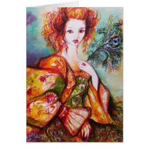 CARTÃO MULHER ROMÂNTICA COM PENA DE PAZ ESPUMANTE