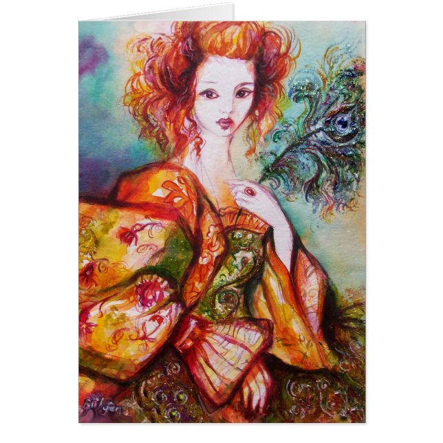 CARTÃO MULHER ROMÂNTICA COM PENA DE PAZ ESPUMANTE (Frente)