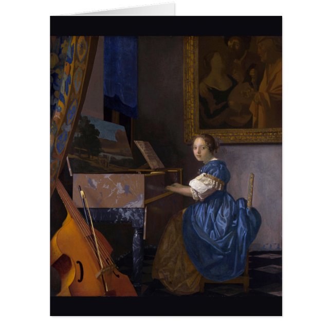 Cartão Mulher sentada em uma Virgem por Vermeer (Frente)