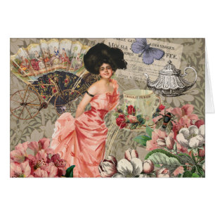 Cartão Mulher Victoriana Café Clássica Rosa