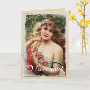 Cartão Mulher Vitoriana com Rosas Rosas Românticas