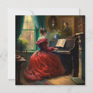 Cartão Mulher vitoriana tocando piano, pintura a óleo