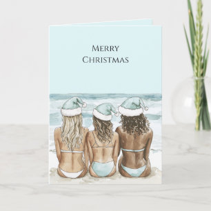Cartão Mulheres de Chapéus de Papai Noel na Praia de Nata