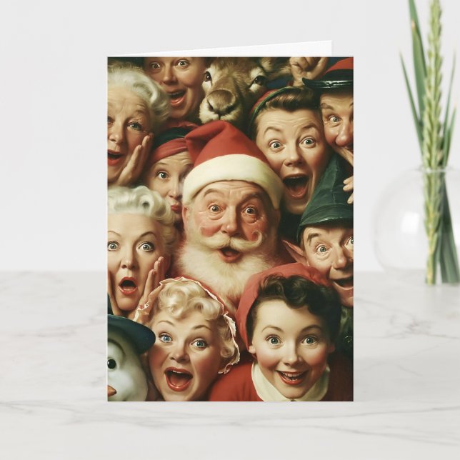 Cartão Multidão de Natal retrô com Papai Noel (Frente)