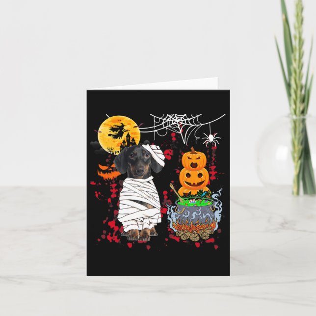 Cartão Mummy Dachshund Dog Halloween Cão Assustador Pumpk (Frente)