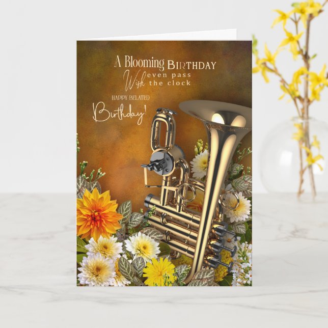 Cartão Music Theme Belated Birthday Card Brass Instrument (Flor Amarela)