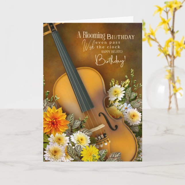 Cartão Music Theme Belated Birthday Card – Violin (Flor Amarela)