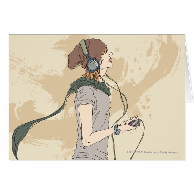 Cartão Música de escuta da jovem mulher (Frente Horizontal)