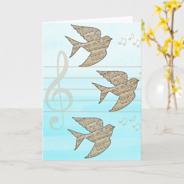 Cartão Música do Pássaro Pardal Céu Azul (Flor Amarela)