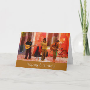 Cartão Músicos de Rua Tocando Feliz Aniversário Juntos